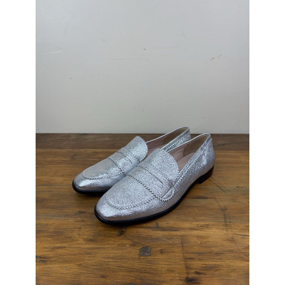 Silver Metallic Loafers Women 9 B Crinkled Leather Penny Flats Y2K Party Shoes